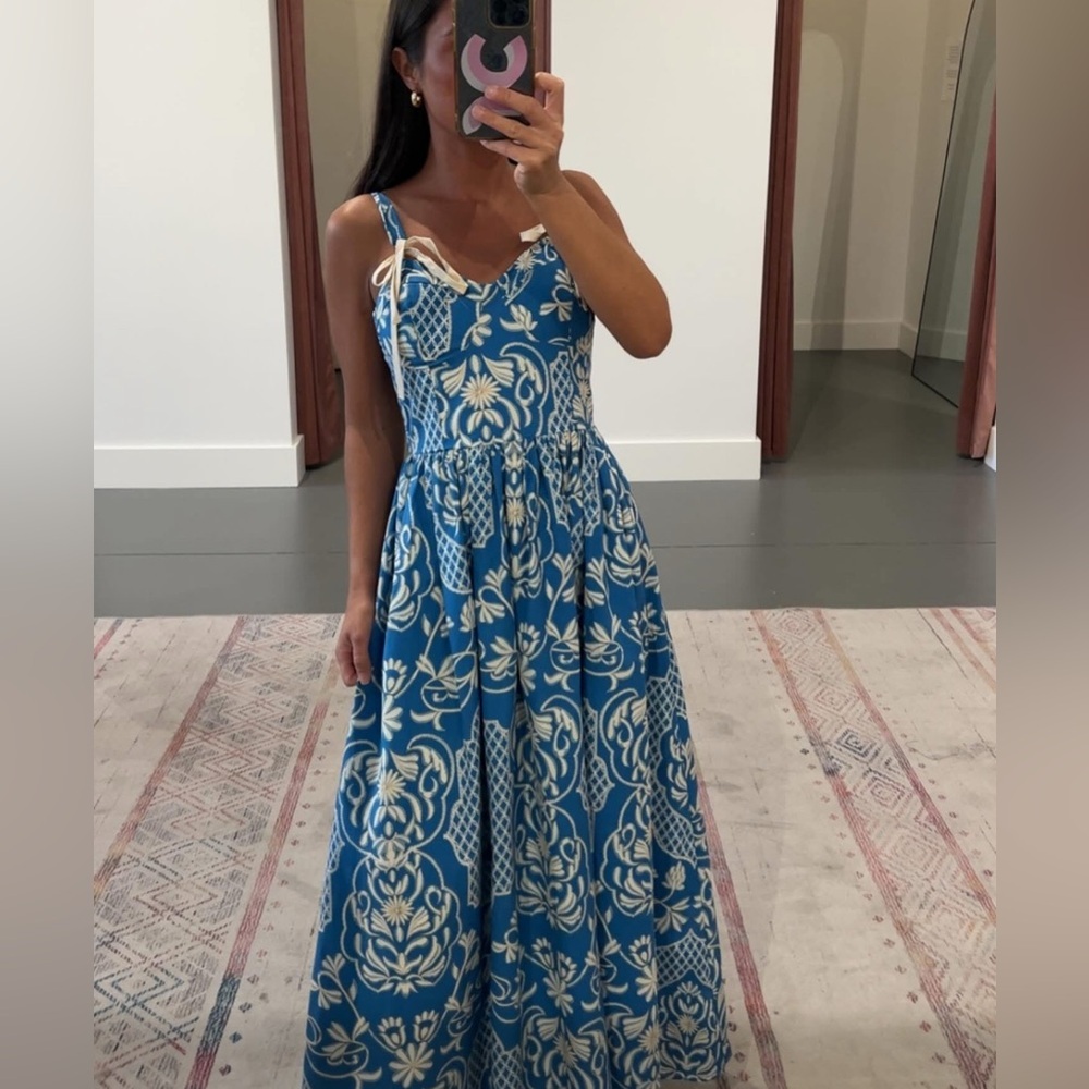 Moon River Floral Blue and Cream Maxi Dress